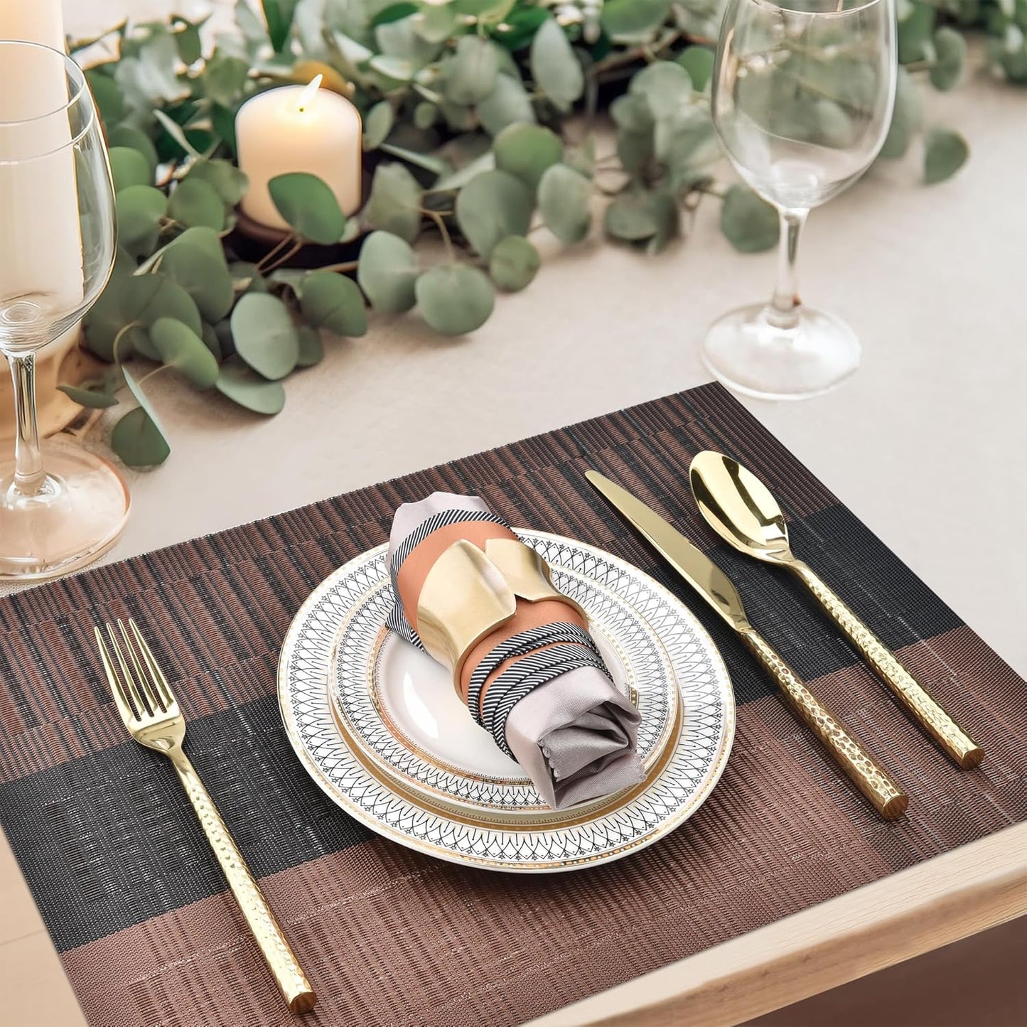 Placemats Set of 6 - Easy Clean Modern Durable Washable Vinyl Place Mats - Heat Resistant Placemats for Kitchen Table - PVC Table Mats for Dining Table (Brown Black, 6)