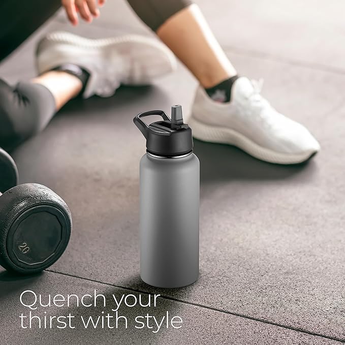 SipX™ Triple-Insulated Stainless Steel Water Bottle 32oz. With 3 Lids, BPA-Free Reusable Insulated Water Bottle Keeps Cold 24 Hours, Metal Water Bottle Made Of Sustainable Material For Hiking & Biking