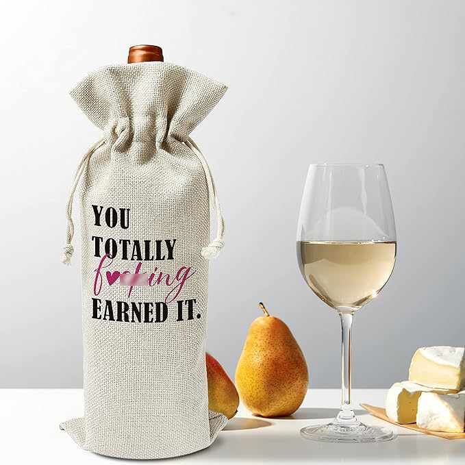 New Job, You Totally Earned It Wine Gift Bags - for Job Promotion Gift, New Job Gift For Her/Him - Reusable Burlap With Drawstring Gift Bag (5.5"x 13.5")-1 Pcs/jiu008