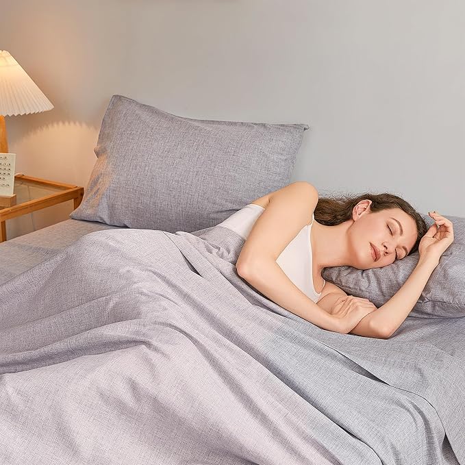 Queen Sheets Dark Grey, Ultral Soft Cationic Linen Look Sheets, Luxury Cooling Cozy Bed Sheet Set with Non-Slip Fitted Sheet