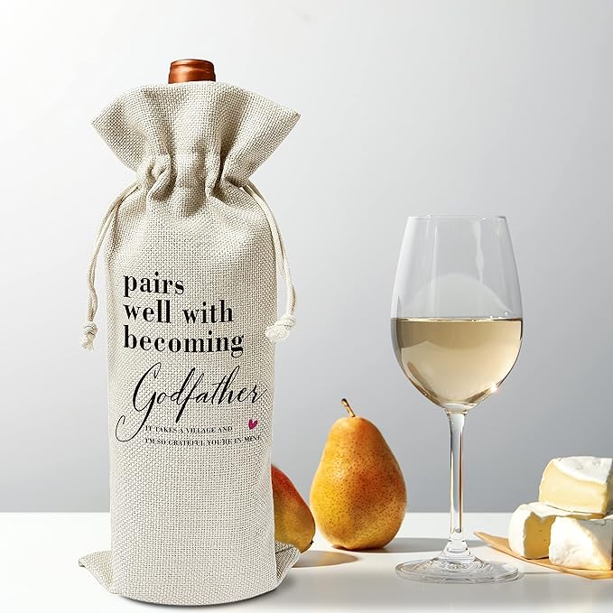Godfather Wine Gift Bags - Gift for Godfather, Uncle, Godparent, Baptism - Reusable Burlap With Drawstring Gift Bag (5.5"x 13.5")-1 Pcs/jiu064