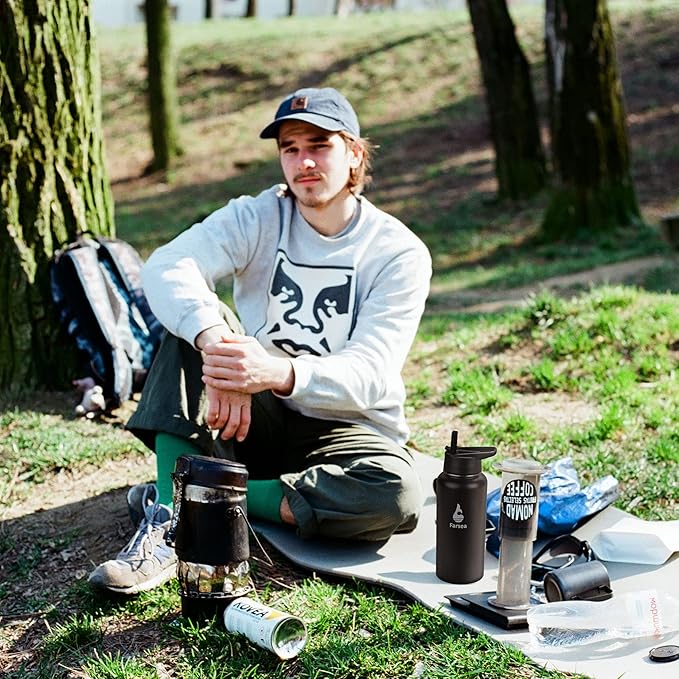 Farsea Insulated Water Bottle with Straw Lid & Spout Lid & Paracord Handle, Stainless Steel Water Bottle Wide Mouth, Double Wall Sweat-Proof BPA-Free, 40 oz, Black