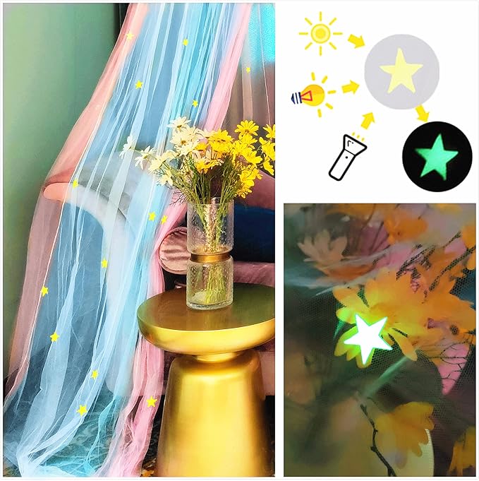 Eimilaly Two-Tone Bed Canopy Glow in The Dark Pink Blue, Mosquito Net Bed Canopy for Girls Room Decor, Single Door
