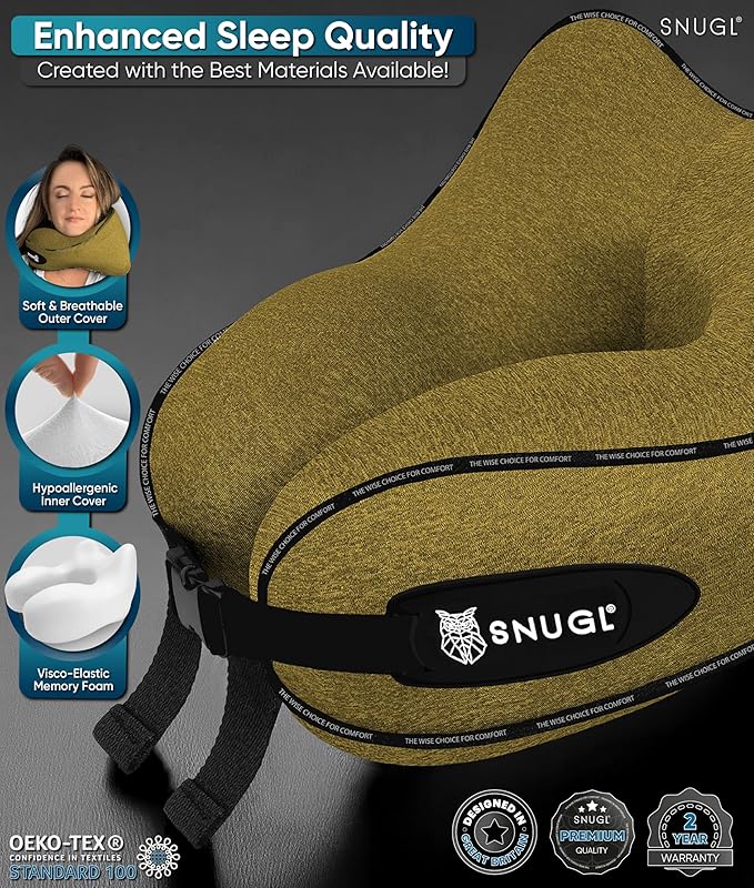 SNUGL Neck Travel Pillow - Memory Foam Airplane Pillow - Flight Pillow | Neck Support Travel Pillow with Carry Bag & Clip | Neck Pillows for Sleeping Travel Plane | Flying Travel Essentials - D.Yellow
