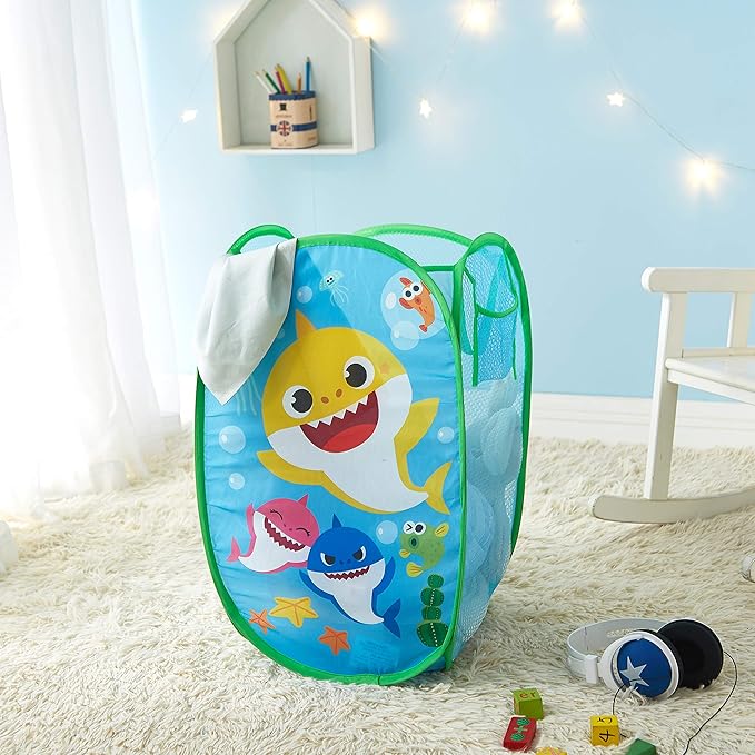 Idea Nuova Baby Shark Pop Up Hamper Storage Bin with Durable Carry Handles, 21" H x 13.5" W X 13.5" L
