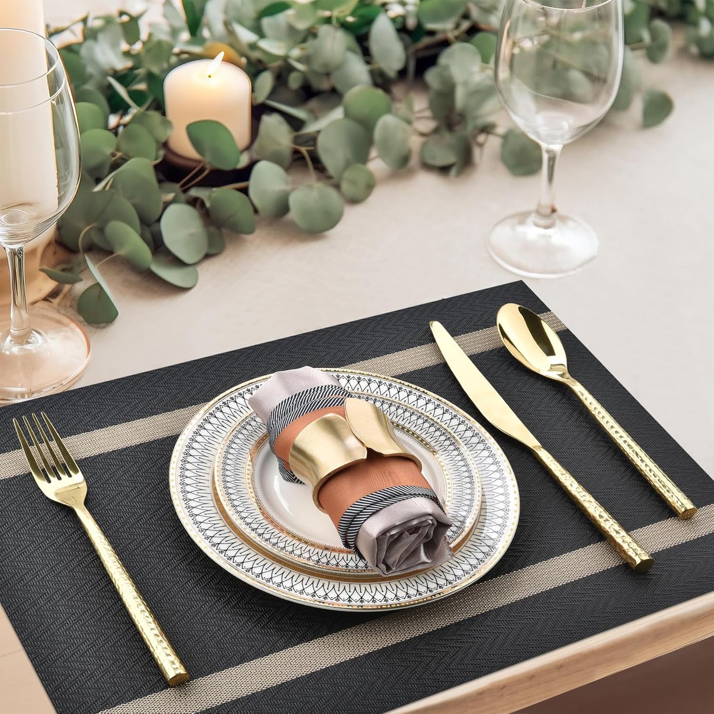 Black Placemats Set of 6 - Easy Clean Modern Durable Washable Vinyl Place Mats - Heat Resistant Placemats for Kitchen Table - PVC Table Mats for Dining Table (Black with Stripes, 6)