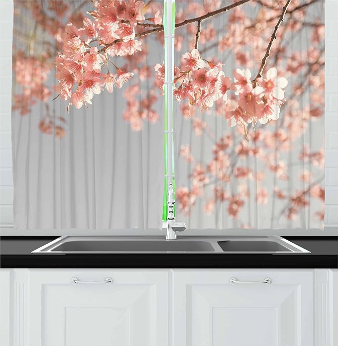 Ambesonne Peach Kitchen Curtains, Japanese Scenery Sakura Tree Cherry Blossom Nature Photography Coming of Spring, Window Drapes 2 Panel Set for Kitchen Cafe Decor, 55" x 30", Burgundy Teal