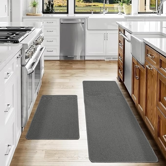 COSY HOMEER 20x30 Inch/20X48 Inch Kitchen Rug Mats Made of 100% Polypropylene Strip TPR Backing 2 Pieces Soft Kitchen Mat Specialized in Anti Slippery and Machine Washable,Grey