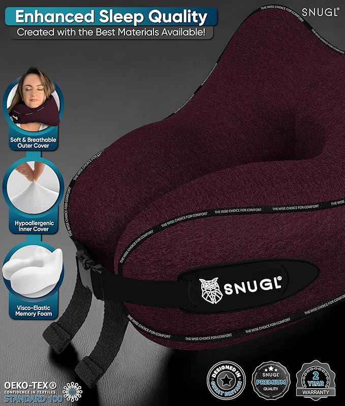 SNUGL Neck Travel Pillow - Memory Foam Airplane Pillow - Flight Pillow | Neck Support Travel Pillow with Carry Bag & Clip | Neck Pillows for Sleeping Travel Plane | Flying Travel Essentials - Dark Red