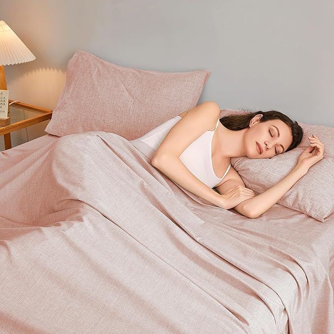 Queen Sheets Light Pink, Ultral Soft Cationic Linen Look Sheets, Luxury Cooling Cozy Bed Sheet Set with Non-Slip Fitted Sheet
