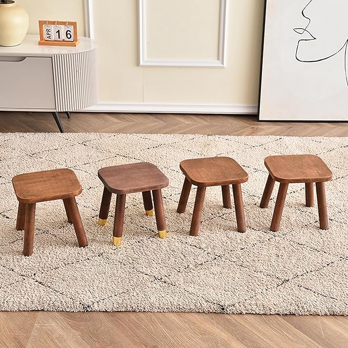 Solid Wood Step Stool, Milking Stool, Plant Stand, Round Foot Stool, Step Stool for Adults,Removable Portable Stool, Shoe Change Stool, Retro Colors(9.4 inches)