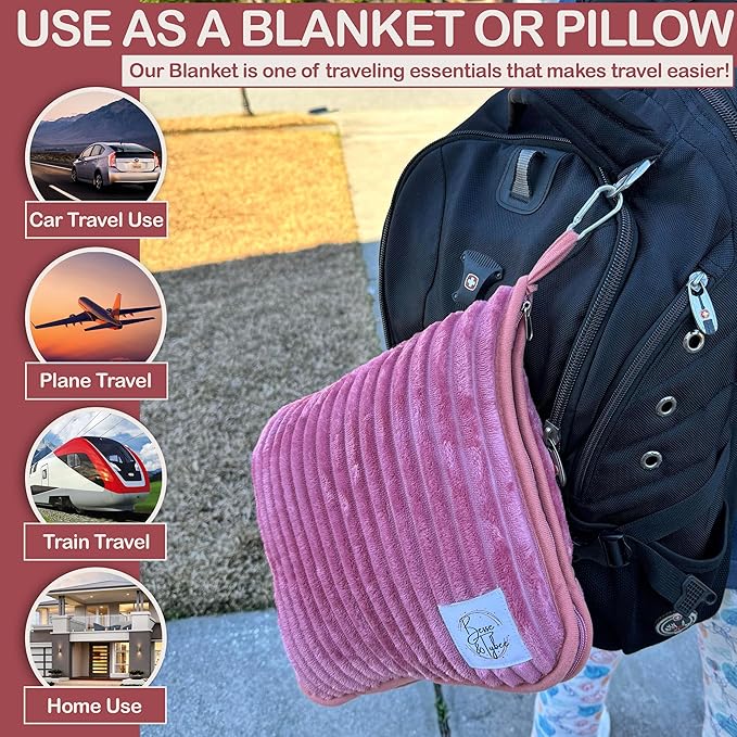 Premium Travel Blanket Pillow - XL 50"x70" | 2 in 1 Travel Blanket and Pillow Set | Travel Blanket Airplane Compact with Bag | Warm Blanket Travel Must Haves with Hand Luggage Sleeve & Backpack Clip