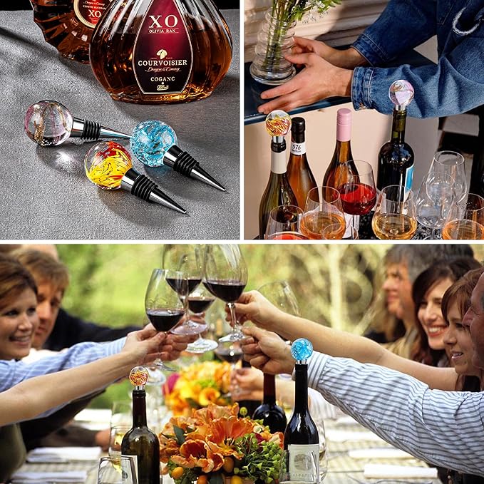 Multicolor Art Murano Glass Wine Stopper, Exquisite Wine Bottle Stopper, Colorful Leak-Proof and Reusable Wine Saver, Decorative Bottle Stoppers for Gifts, Bar, Holiday Party, Wedding, Pack of 3