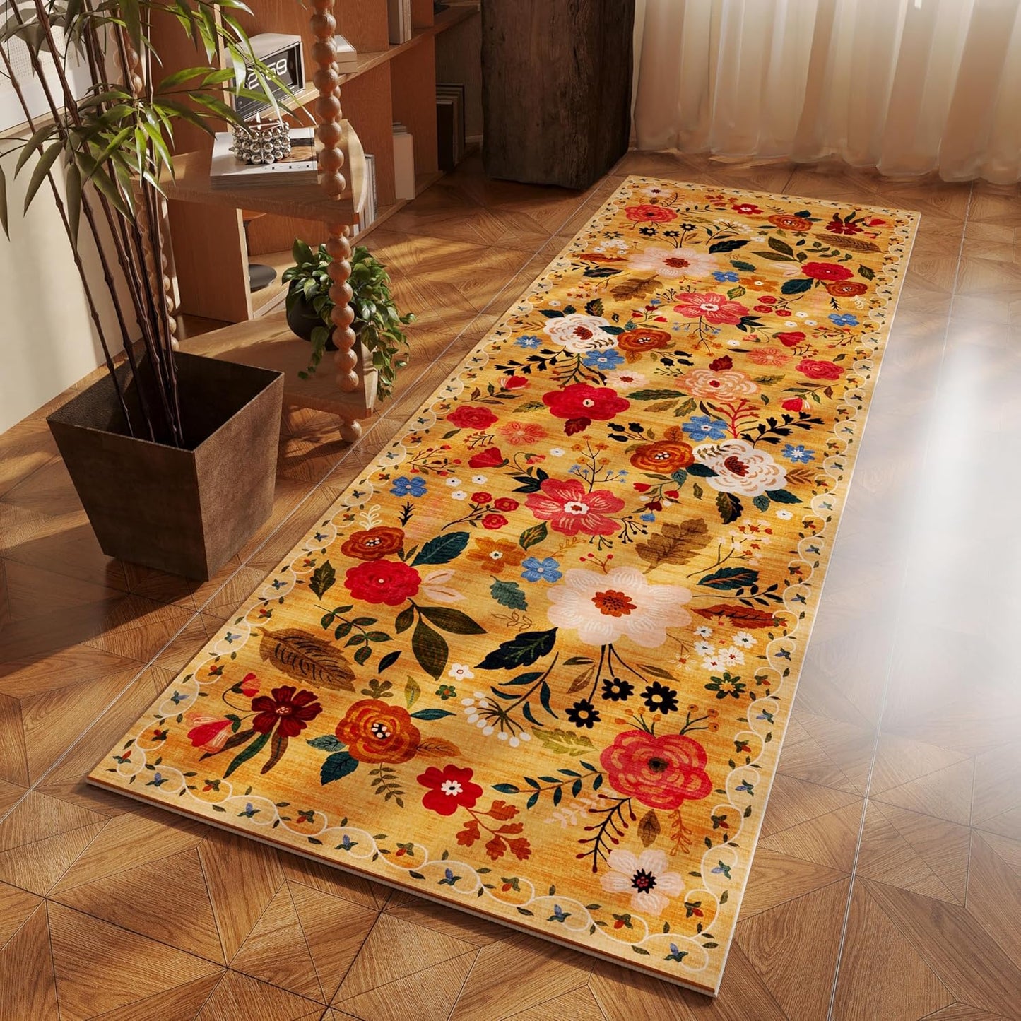 Runner Rug for Hallways Kitchen Rug Non Slip 2'6''x8' Washable Runner Rugs with Rubber Backing Soft Floral Carpet Runner for Hallways, Kitchen, Laundry, Bedroom, Bathroom(Yellow)