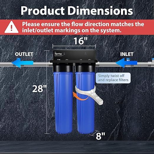 iSpring WGB22BM+AHPF12MNPT16X2 2-Stage Whole House Water Filtration System with 20” x 4.5” Carbon Block and Iron & Manganese Reducing Filters and 3/4" Push-fit Stainless Steel Hose Connectors, Blue