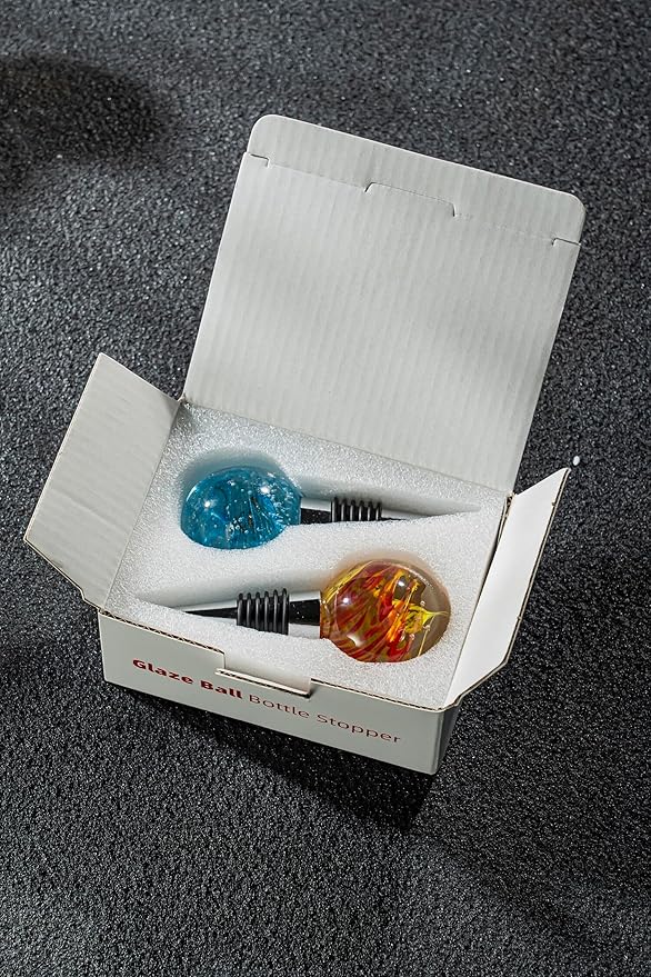 Murano Glass Wine Bottle Stopper Blue Yellow Blown Glass Art Deco Ball, Reusable Wine Stoppers for Beverage Bottle Stoppers Decorative Wine Saver for Gifts, Bar, Holiday Party, Wedding, Pack of 2
