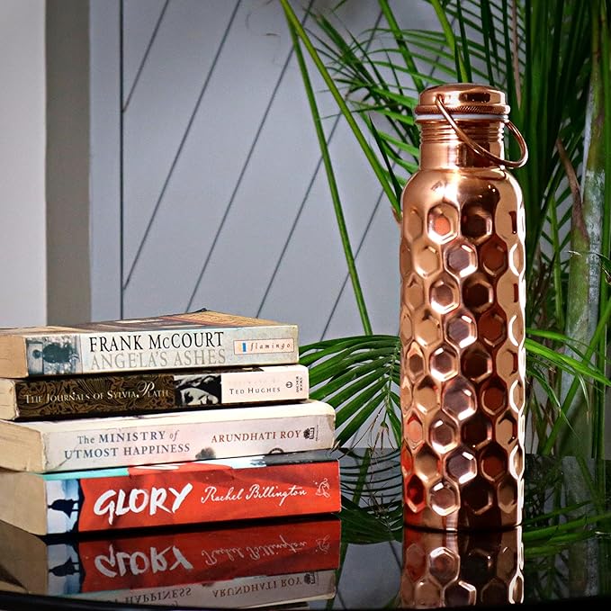 Craft Trade Copper Water Bottle for Drinking 32oz Antique Diamond Pure AyurvedaCopper Water Bottle with Handle Travel Bottle for Gym, Office, Hiking, Outdoor Ayurvedic Hammered Water Vessel-1000 ML