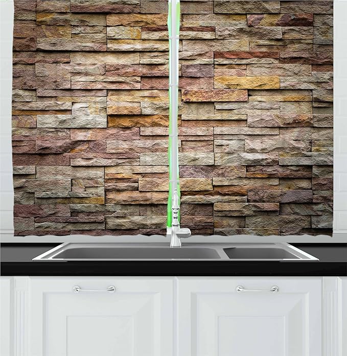 Ambesonne Marble Kitchen Curtains, Urban Brick Slate Stone Wall with Rocks Featured Facade Architecture Town Picture, Window Drapes 2 Panel Set for Kitchen Cafe Decor, 55" x 36", Tan Brown