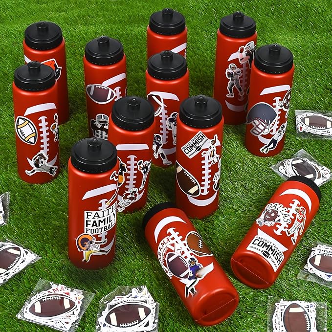 12 Pack Bulk Football Sports Water Bottle with 12 Pack Sticker Gift Set, Squeeze BPA-Free Reusable Water Bottles for Football Team Party Favors Gift(20OZ)