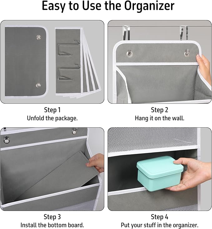 Heavy Duty Over Door Organizer, Hanging Organizer Storage with 4 Large Capacity Pockets, Closet Bathroom Nursery Bedroom Dorm, Toys Cosmetics Sundries and Baby Essentials, Gray