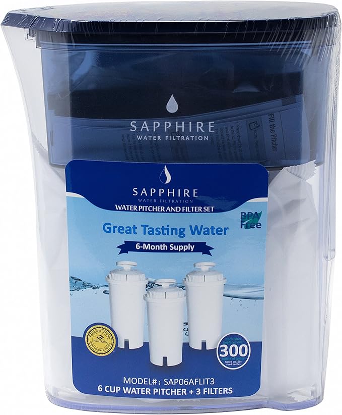 Sapphire Water Pitcher with 3 Filters, Clear/Blue