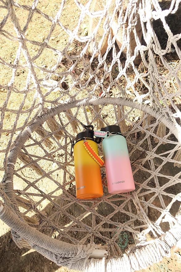 32 oz Insulated Water Bottle with Paracord Handles & Strap, 2 Lids(Straw Lid&Spout Lid), Stainless Steel Reusable Wide Mouth Metal Water Bottle With Straw, Double Walled, Thermo Mug(Mango Yellow)