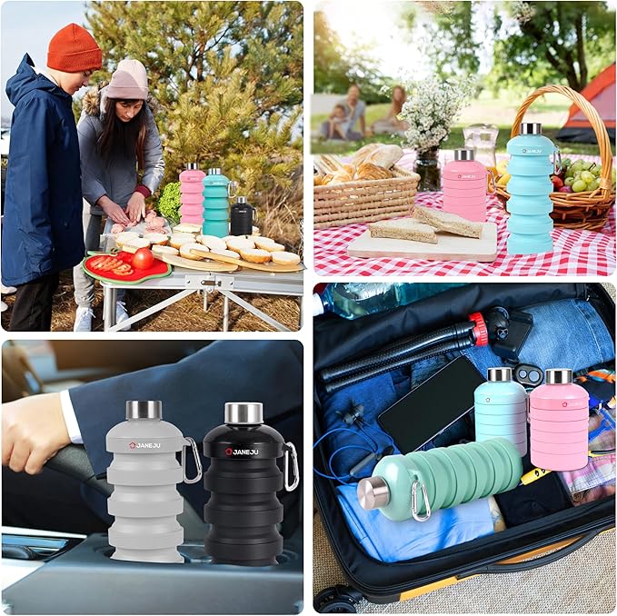 JaneJu Collapsible Water Bottle, 32oz BPA Free Silicone Reusable Portable Lightweight Foldable Water Bottles with Carabiner, Leak Proof Sports Water Bottle with Stainless Twist Cap (Green)