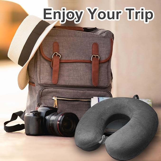 Neck Pillow for Airplane Travel, 100% Pure Memory Foam Travel Neck Pillow for Sleeping & Travel Essentials for Neck Rest, Deep Grey, Pack with Box