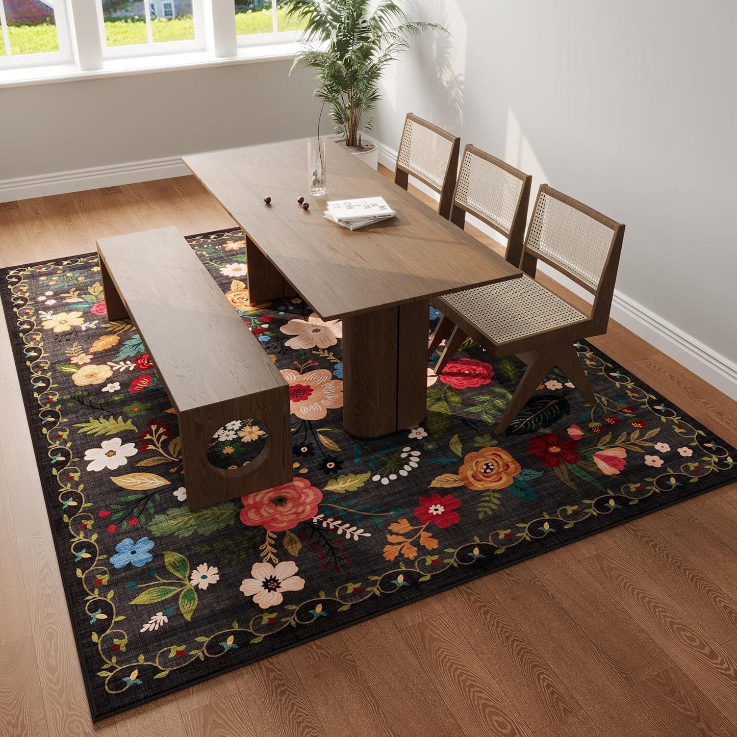 Living Room Rug 6x9 Rug Machine Washable Boho Area Rug Non Slip Floral Vintage Low Pile Large Rug for Living Room, Bedroom, Farmhouse, Dining Room, Kids Playroom(Black)
