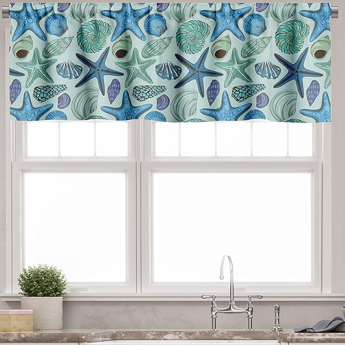 Ambesonne Starfish Valance & Tier Curtain 3 pcs Set, Aquarium Inspired Composition Tropical Seashells and Scallops Cockles and Clams, Window Treatments for Kitchen Room Decor, 55" x 45", Blue Seafoam