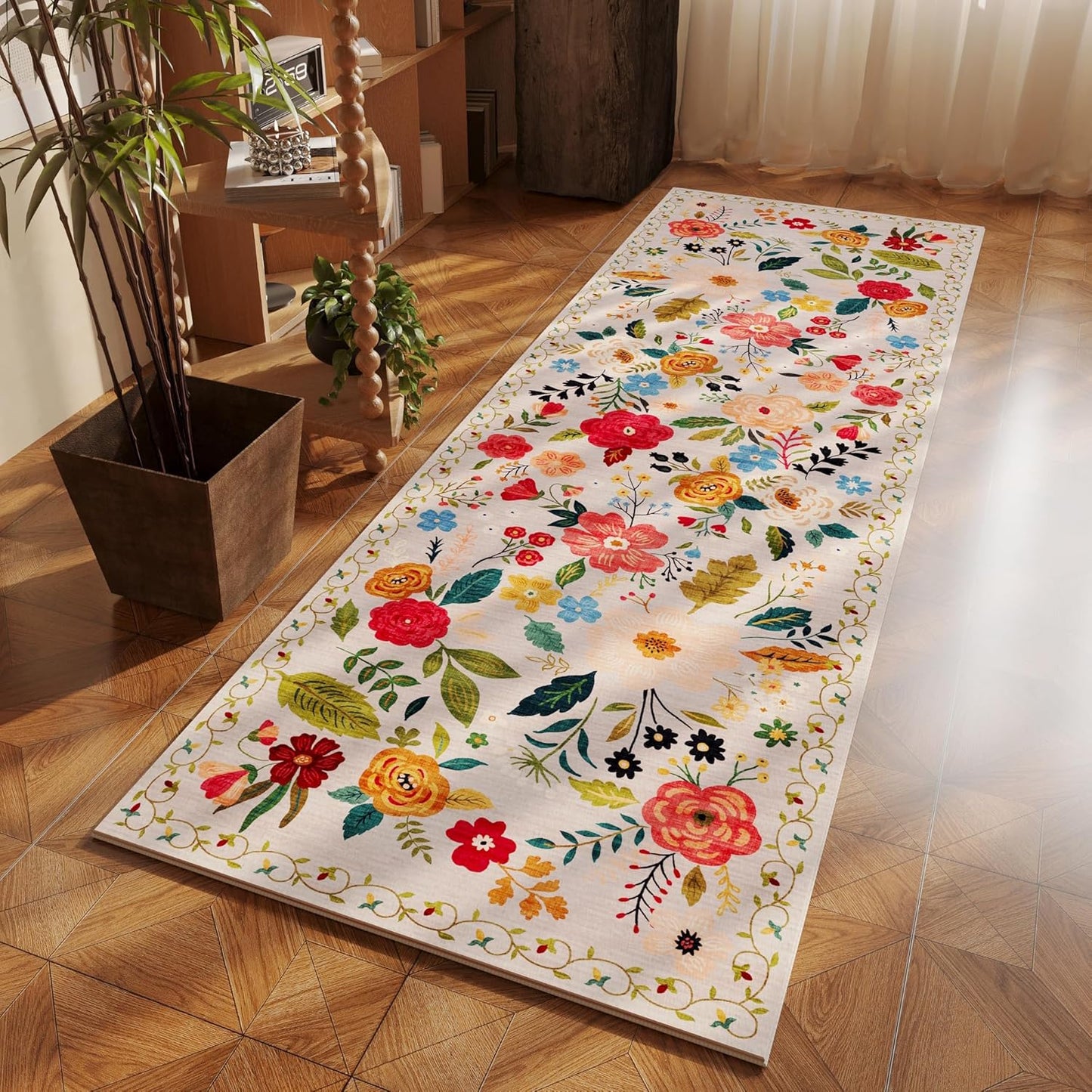 Runner Rug for Hallways Kitchen Rug Non Slip 2'6''x8' Washable Rugs with Rubber Backing Soft Floral Carpet Runner for Hallways, Kitchen, Laundry, Bedroom, Bathroom(Beige)