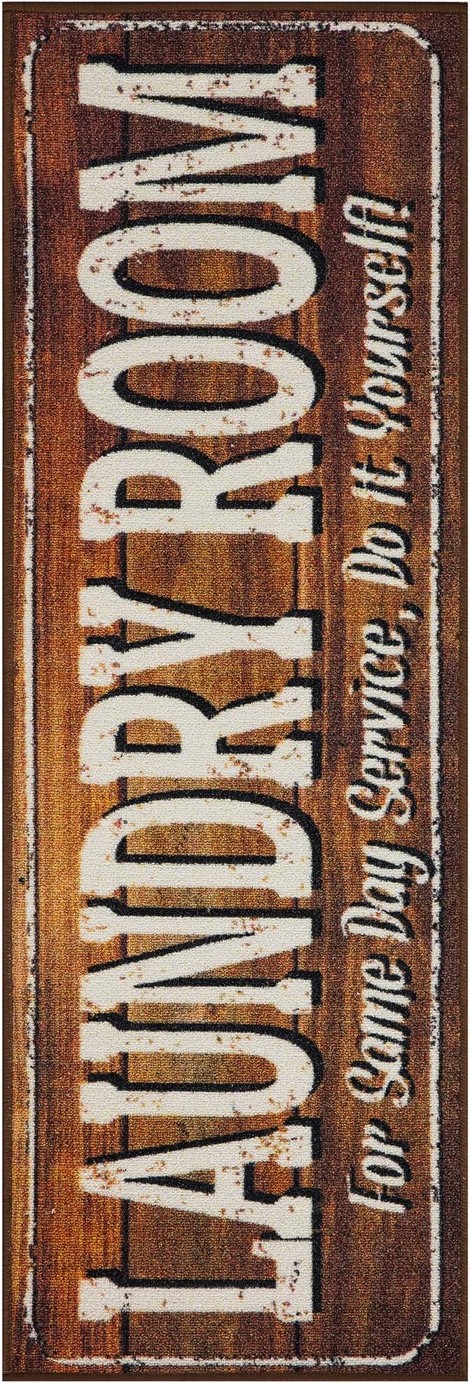 Ottomanson Laundry Collection Non-Slip Rubberback Text Design 2x5 Laundry Room Runner Rug, 20" x 59", Brown