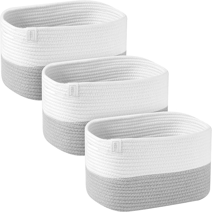 Washable Woven Storage Baskets for Organizing - 3-Pack Cotton Rope Basket with Handles - Decorative Storage Bins, Storage Baskets for Shelves, Nursery Storage Bins, Cube Baskets - White & Grey