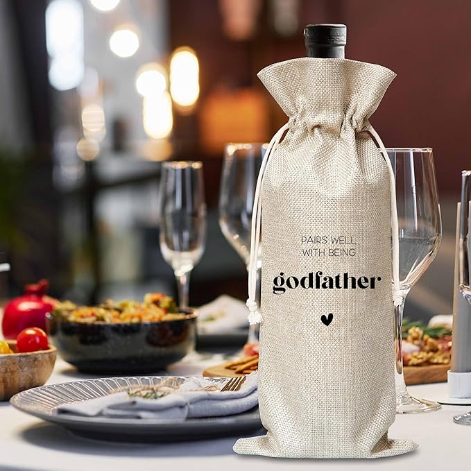 Xanev Godfather Wine Gift Bag For Men, Godfather Proposal Gifts, Pairs Well With Becoming Godfather Wine Bag, Baptism Gifts For Godfather From Godchild, Birthday Wine Party Favors Decor, B02