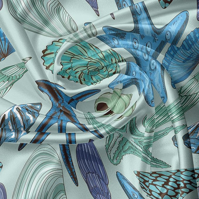 Ambesonne Starfish Valance & Tier Curtain 3 pcs Set, Aquarium Inspired Composition Tropical Seashells and Scallops Cockles and Clams, Window Treatments for Kitchen Room Decor, 55" x 24", Blue Seafoam