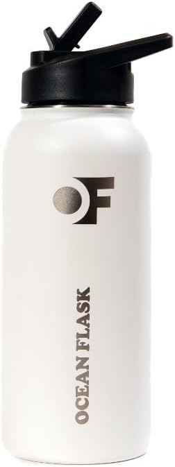 Sports Water Bottle - 32 Oz 3 Lids Straw Lid Leak Proof (Straw, Spout and Handle Lid)- Stainless Steel Sport and Gym, Travel Bottles for Men, Women -Insulated Thermos (Winter White)