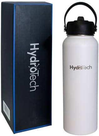 HydroTech Stainless Steel Leak Proof Water Bottle with Double Wall Insulation and 2 Lids (Straw Lid) - 40 OZ. (White)
