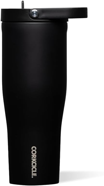 Corkcicle Go Cup XL Insulated Tumbler with Lid and Straw, Matte Black, 30 oz – Reusable Water Bottle Keeps Beverages Cold for 12hrs – Cupholder Friendly Tumbler, Leak-Proof Design