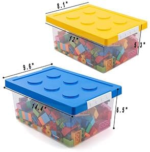 loobuu Plastic Storage Bins with Lids - Stackable Toy Storage Organizer Box Set of 2, Kids Toy Chests with Compatible Building Baseplate and Lid, Storage Container for Building Bricks - Yellow+Blue