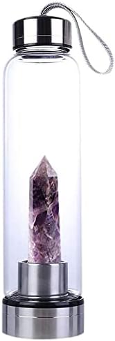 Crystal Glass Water Bottle, Glass Water Bottle with Changeable Natural Crystal Center, Quartz Gemstone Water Bottle for Natural