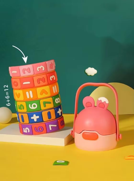 Numbers and Maths Symbols Design Kids' Water Bottle with Straw for School or Travel; 15oz (430ml) Stainless Steel water Bottle; Portable Handle with Detachable Buckle (Blue), CZMX-30031