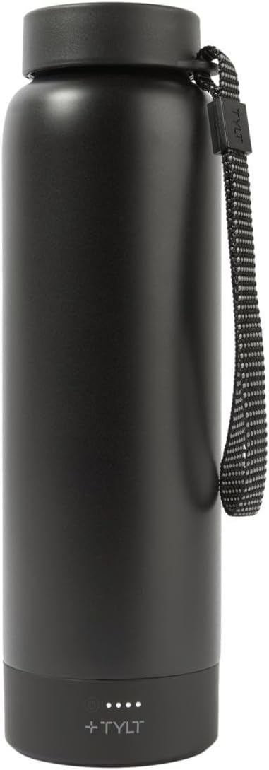 TYLT Power Bottle 2.0, All-In-One 24 oz Stainless Steel Wide Mouth Water Bottle & Removable 5700 MAH Portable Power Bank, Dishwasher Safe, Cup Holder Compatible, Lanyard Handle, Black