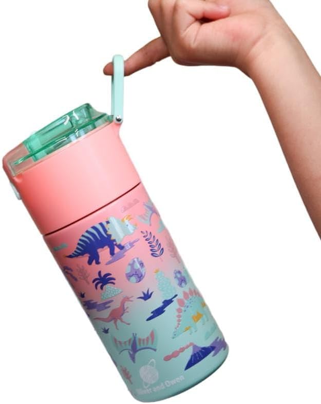Kids insulated water bottle with straw and snack cup. Double wall stainless steel 14oz (hot peach and light turquoise dinosaur)