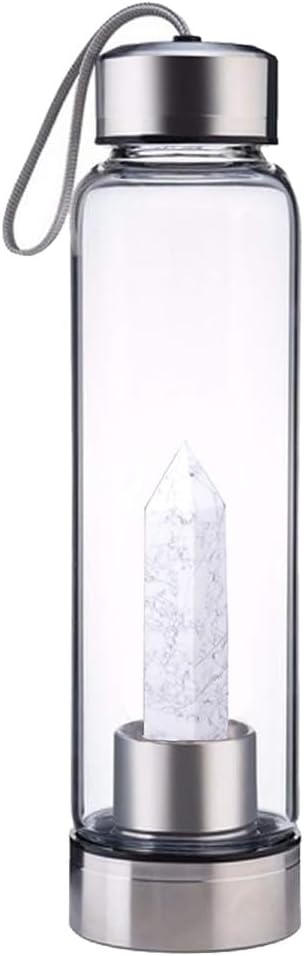 Crystal Glass Water Bottle,Water Bottle With Gemstone Center Crystal Elixir Bottle,Removable Gemstones Creative Water Cup Crystal Column Magic Wand Energy Cup for Gifts (L-Turquoise)