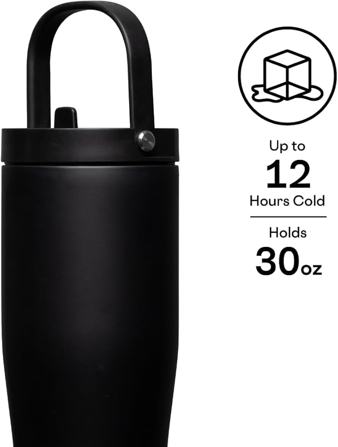 Corkcicle Go Cup XL Insulated Tumbler with Lid and Straw, Matte Black, 30 oz – Reusable Water Bottle Keeps Beverages Cold for 12hrs – Cupholder Friendly Tumbler, Leak-Proof Design