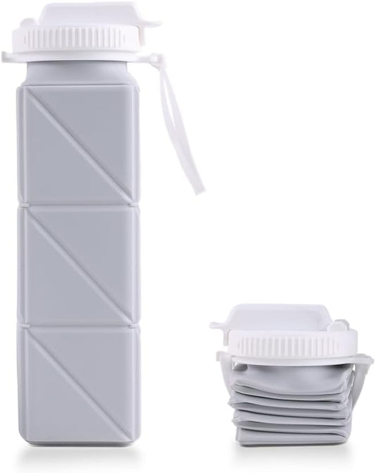 620ml Silicone Foldable Water Bottle with Straw Lid - Lightweight, Reusable, & Leakproof for Travel, Camping, Hiking, & Sports(GREY)