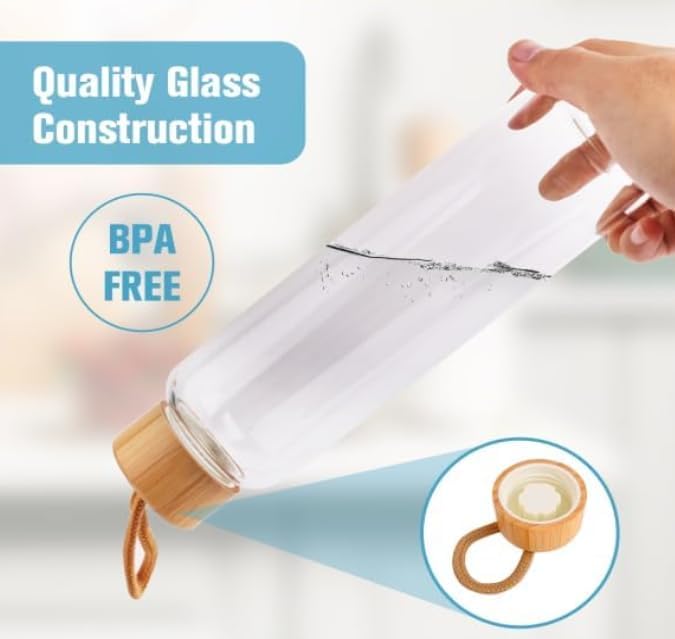 Lily's Home Glass Water Bottles Set of 2 - Glass Water Bottle Set. 18 oz Glass Bottles with Lids (Bamboo, Leakproof Seal), BPA Free, Silicone Sleeves to Avoid Drops & Bumps and Snags Tabletops