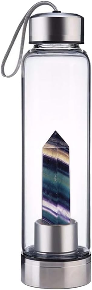 Crystal Glass Water Bottle,Water Bottle With Gemstone Center Crystal Elixir Bottle,Removable Gemstones Creative Water Cup Crystal Column Magic Wand Energy Cup for Gifts (H-Dark Colorful Fluorite)