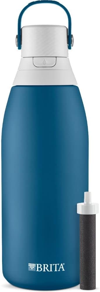 Brita Stainless Steel Premium Filtering Water Bottle, BPA-Free, Reusable, Insulated, Replaces 300 Plastic Water Bottles, Filter Lasts 2 Months or 40 Gallons, Includes 1 Filter, Marina - 32 oz.