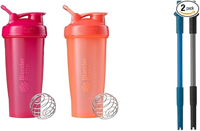 BlenderBottle Classic Shaker Bottle Perfect for Protein Shakes and Pre Workout, All Pink and Coral & Stay-In-Bottle Reusable Silicone Straws for Shaker Bottles, Black and Blue (2 Pack)